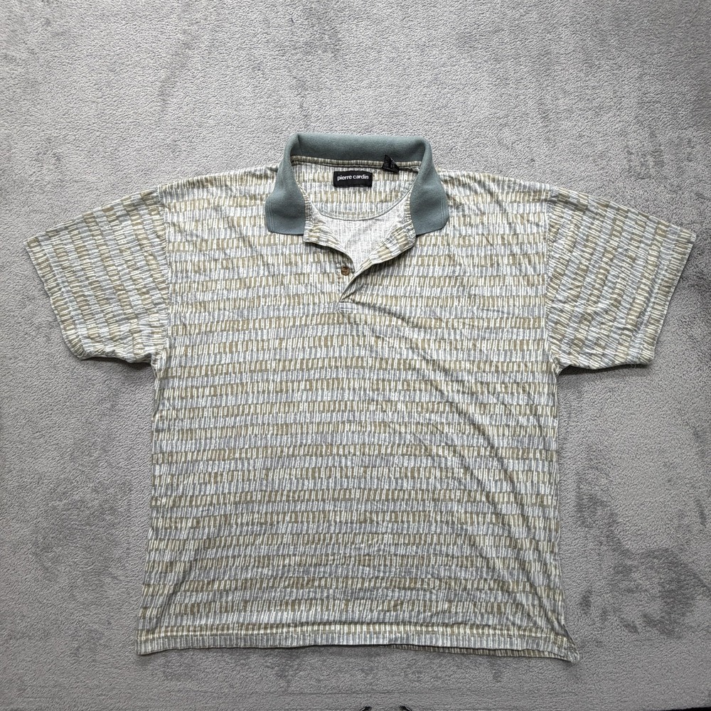Pierre Cardin Polo Shirt Mens XL Green Gray Geometric Pattern 100% Cotton Casual